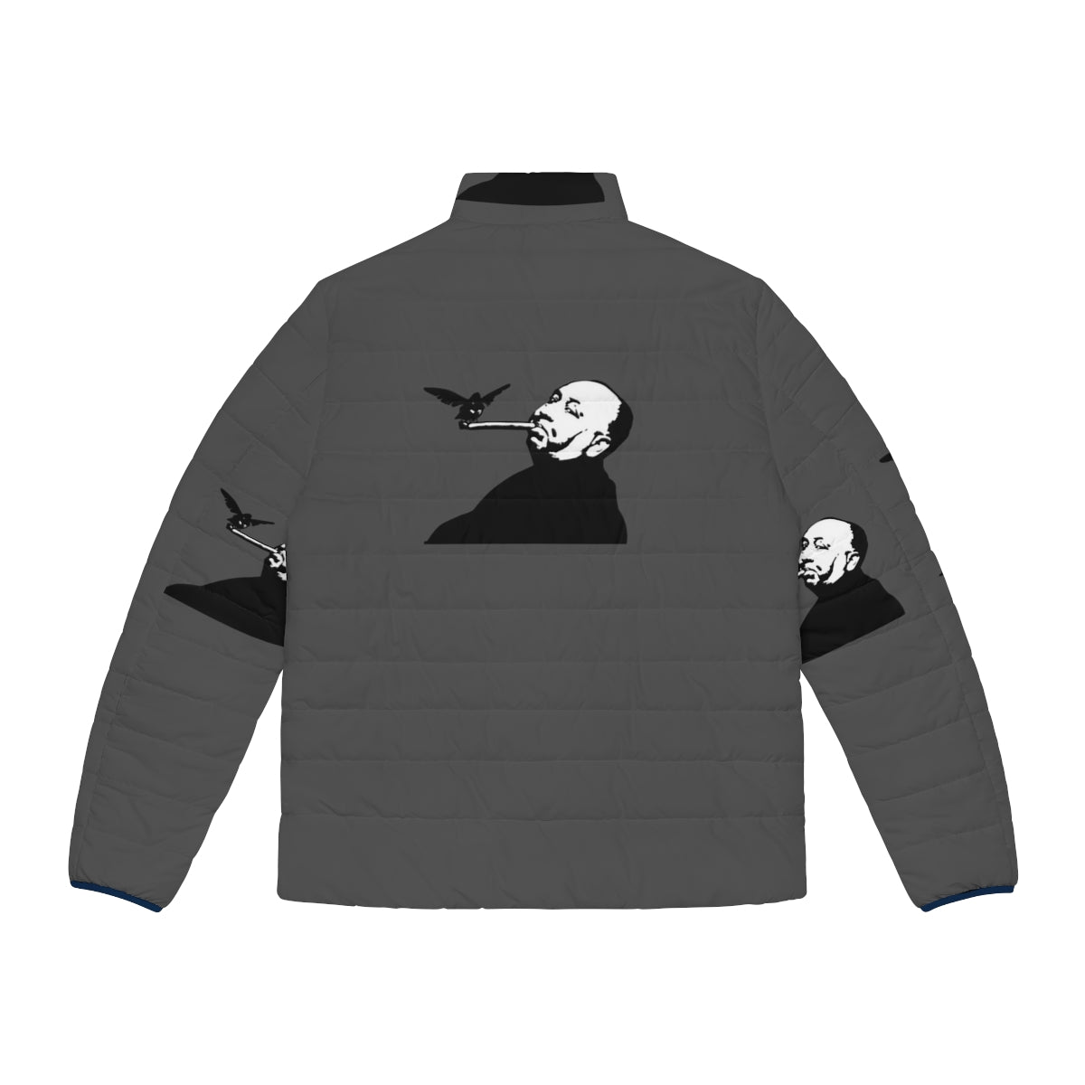 Alfred Hitchcock inspired puffer jacket featuring a graphic black and white design - Back