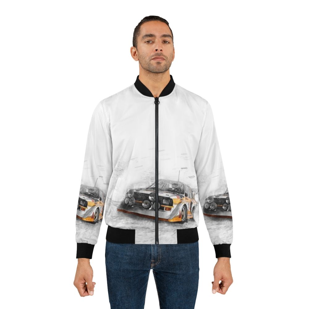 Bomber jacket featuring a rally car illustration with a painting effect, highlighting the motorsport and German automotive design. - Lifestyle