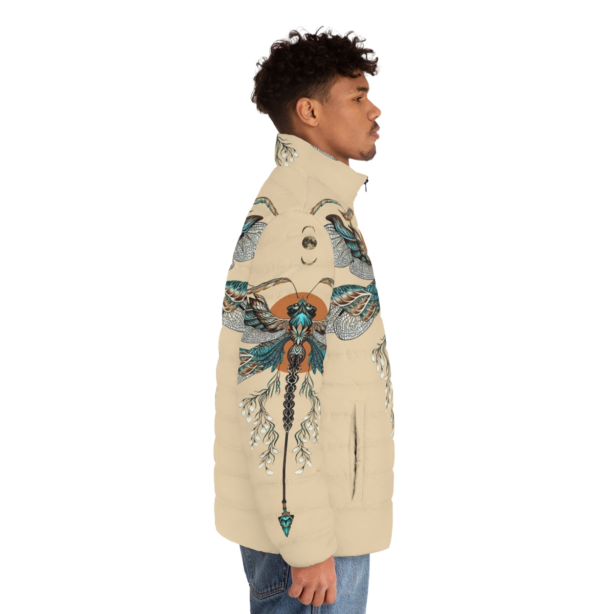 Dragonfly tattoo puffer jacket for men, featuring a mythical dragon design - men side right