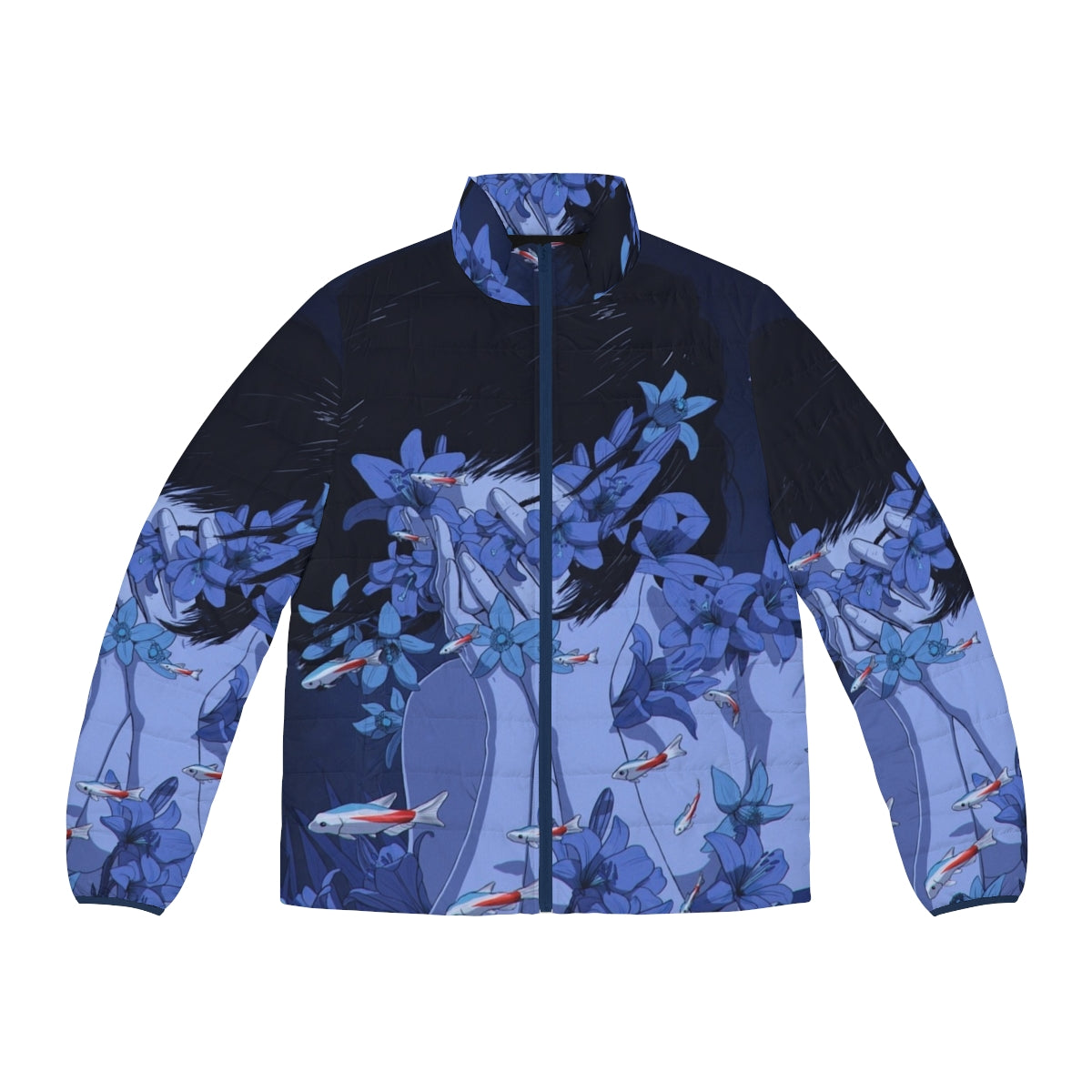 Blue puffer jacket with anime-inspired design