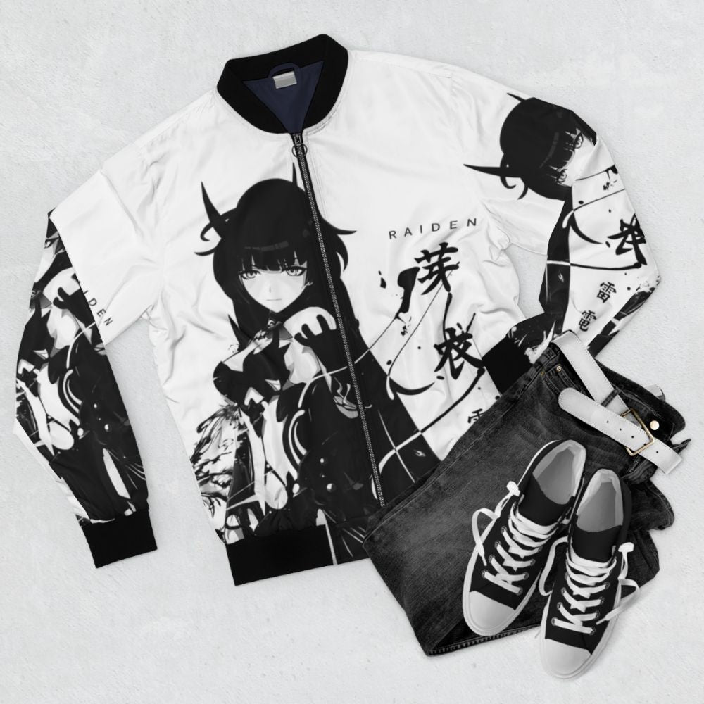 Herrscher of Thunder Bomber Jacket featuring Kiana Kaslana and Mei Raiden from Honkai Impact 3rd - Flat lay