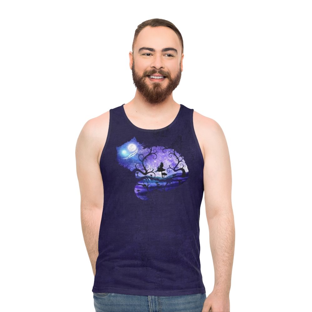 Whimsical unisex tank top with 'We Are All Mad Here' design featuring Alice in Wonderland's Cheshire Cat and night sky - men