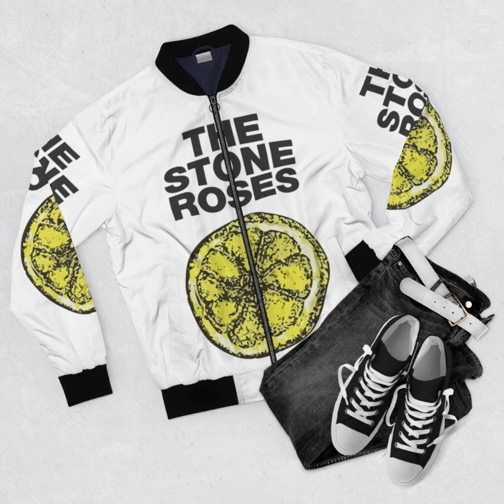 The Stone Roses Lemon Bomber Jacket - Music Merch - Flat lay