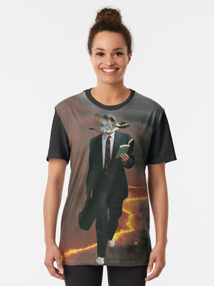 Surreal collage graphic t-shirt featuring a midlife crisis themed design - Women