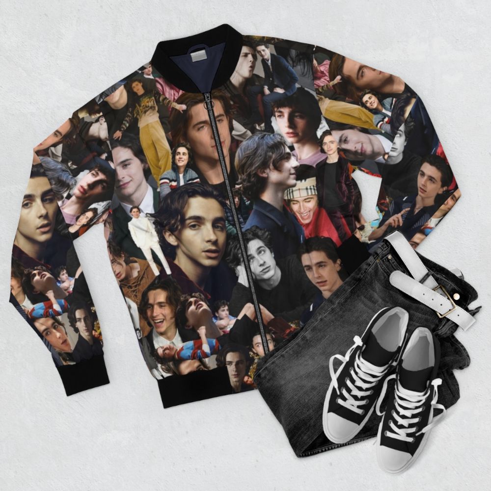 Timothée Chalamet inspired bomber jacket with collage design - Flat lay