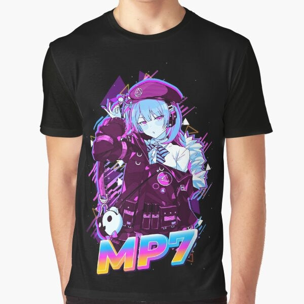 Girls Frontline anime graphic t-shirt featuring cute girl and gun design