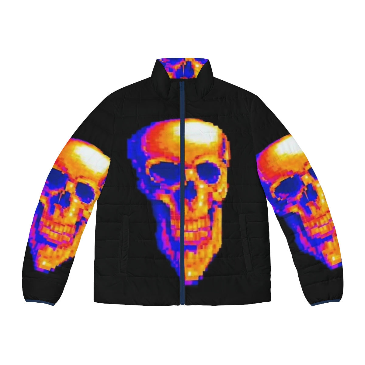 Mde Puffer Jacket featuring pixel art and a skull design