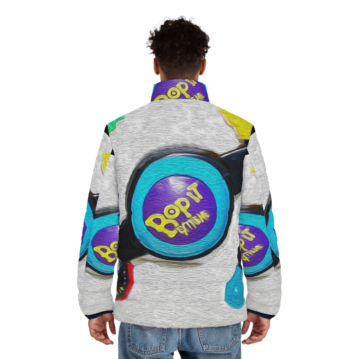 Bop It Extreme Retro Puffer Jacket in colorful design - men back