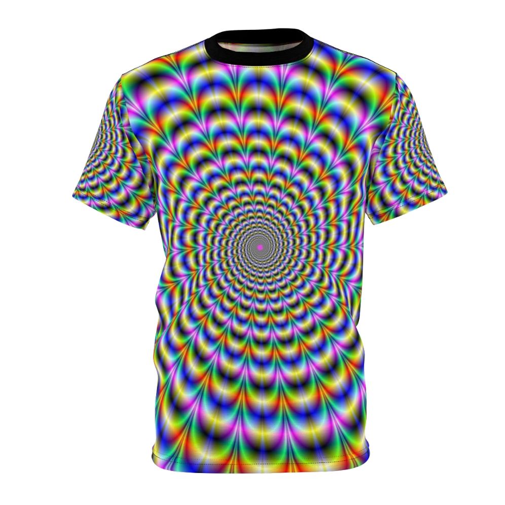 A vibrant psychedelic swirl design on a t-shirt, creating a mesmerizing, trippy optical effect.