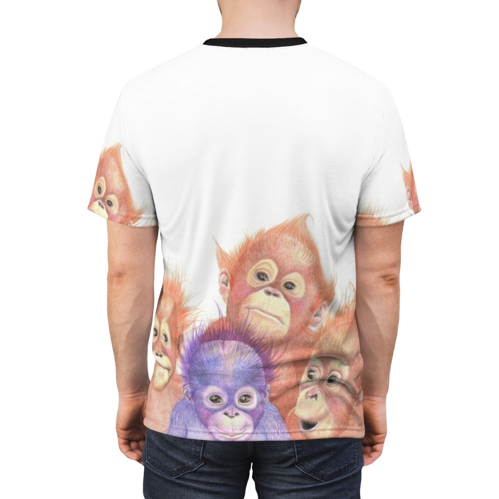 Orangutan baby in orange and purple print on t-shirt - men back