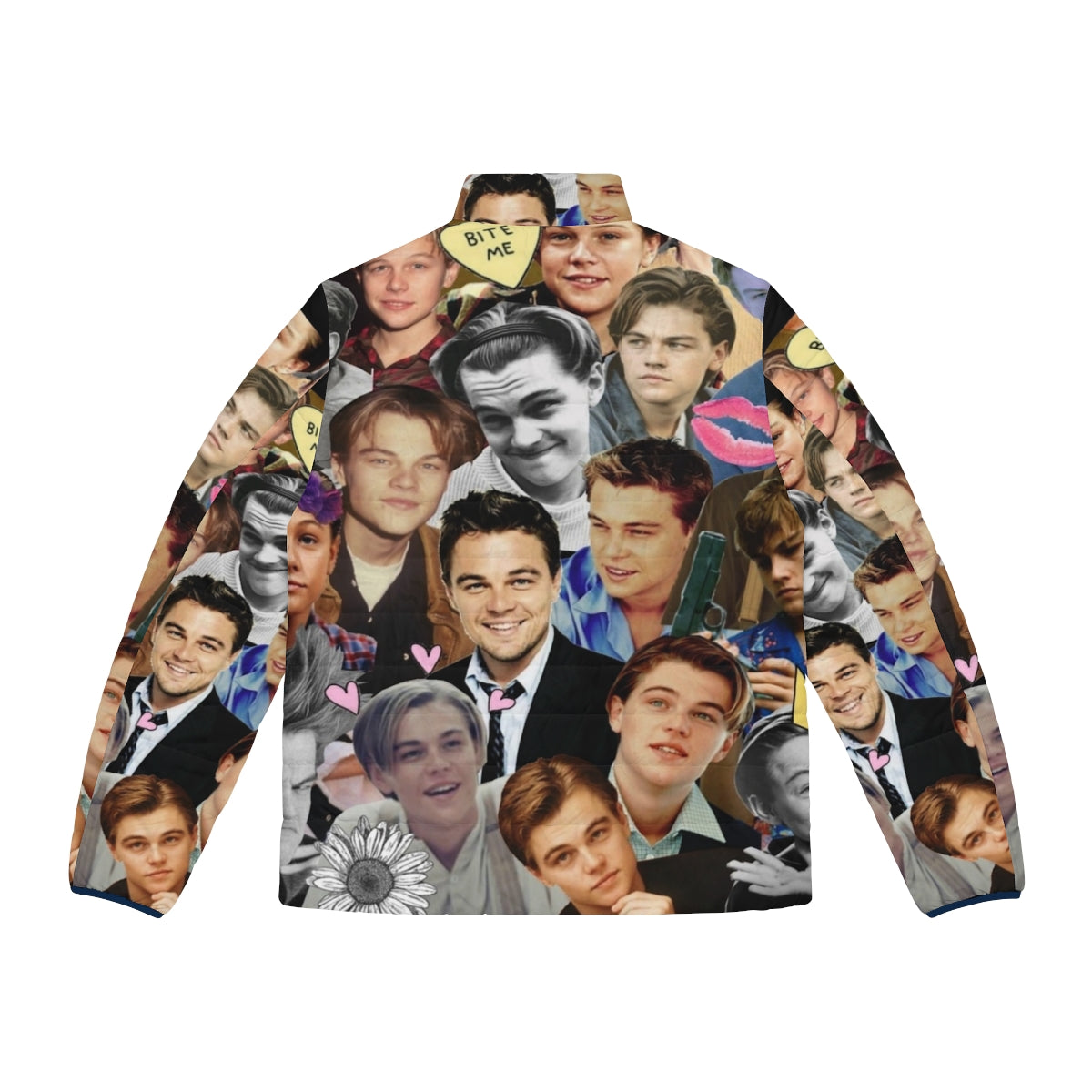 Leonardo DiCaprio collage print on a puffer jacket, featuring the actor in various movie scenes and poses. - Back