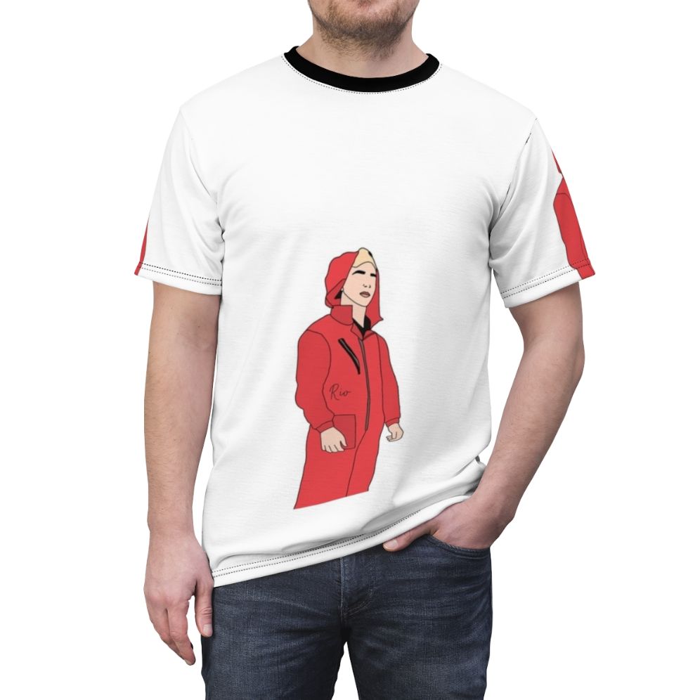 Illustration of Money Heist character Rio on a t-shirt - men front