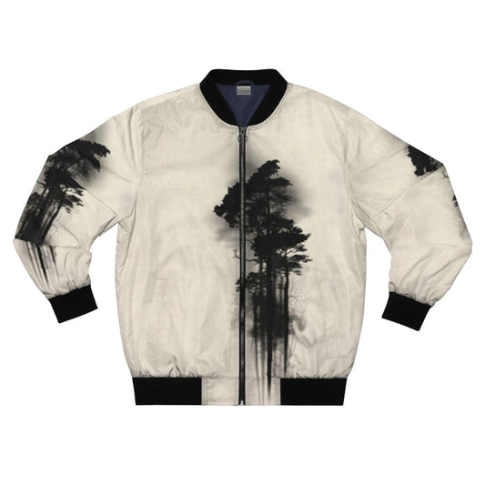 Enchanted forest watercolor bomber jacket with floating trees and mystical design