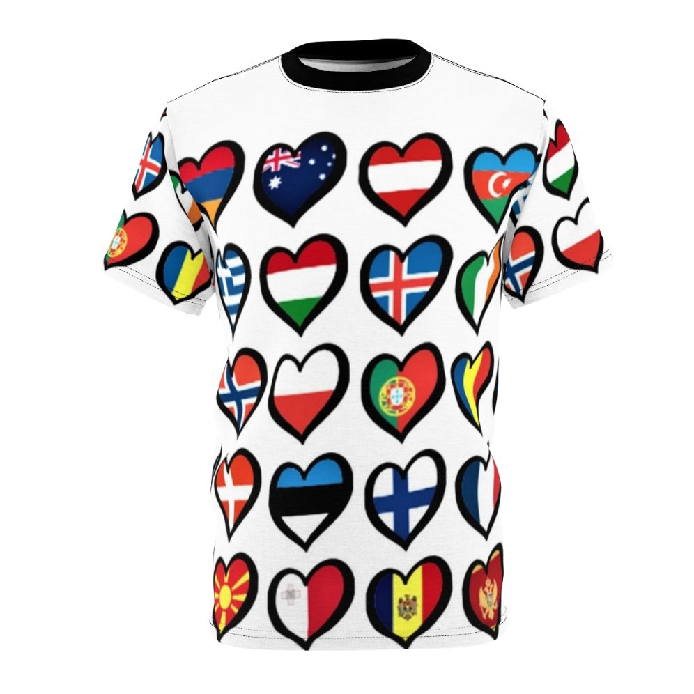 Vibrant AOP T-shirt featuring Eurovision Song Contest-themed graphics, including flags, hearts, and logos.