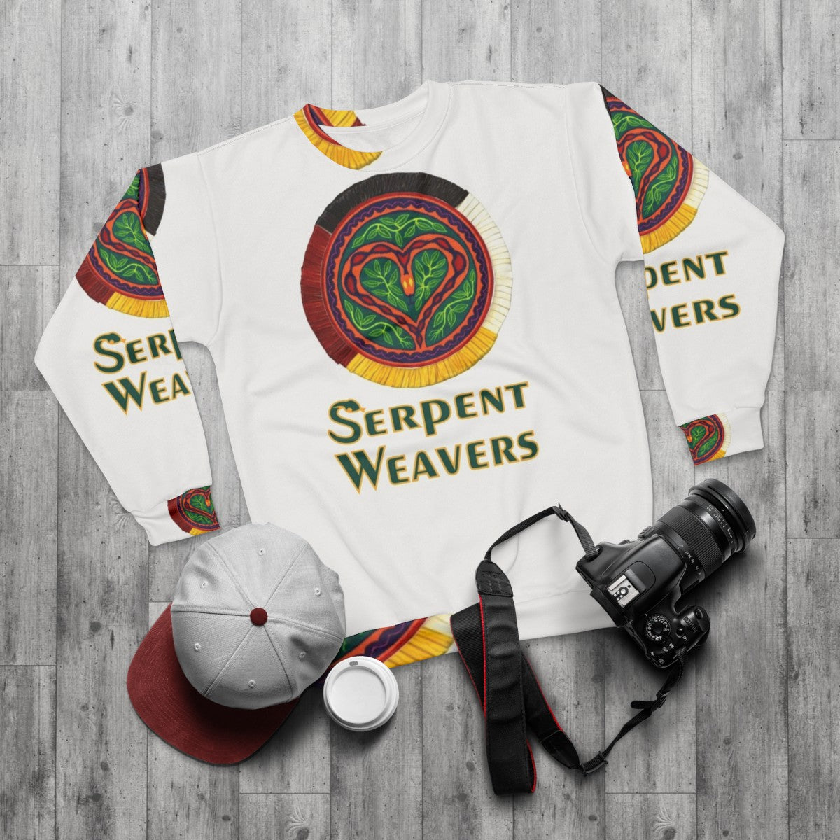 Serpent Weavers logo sweatshirt with drum graphic - flat lay