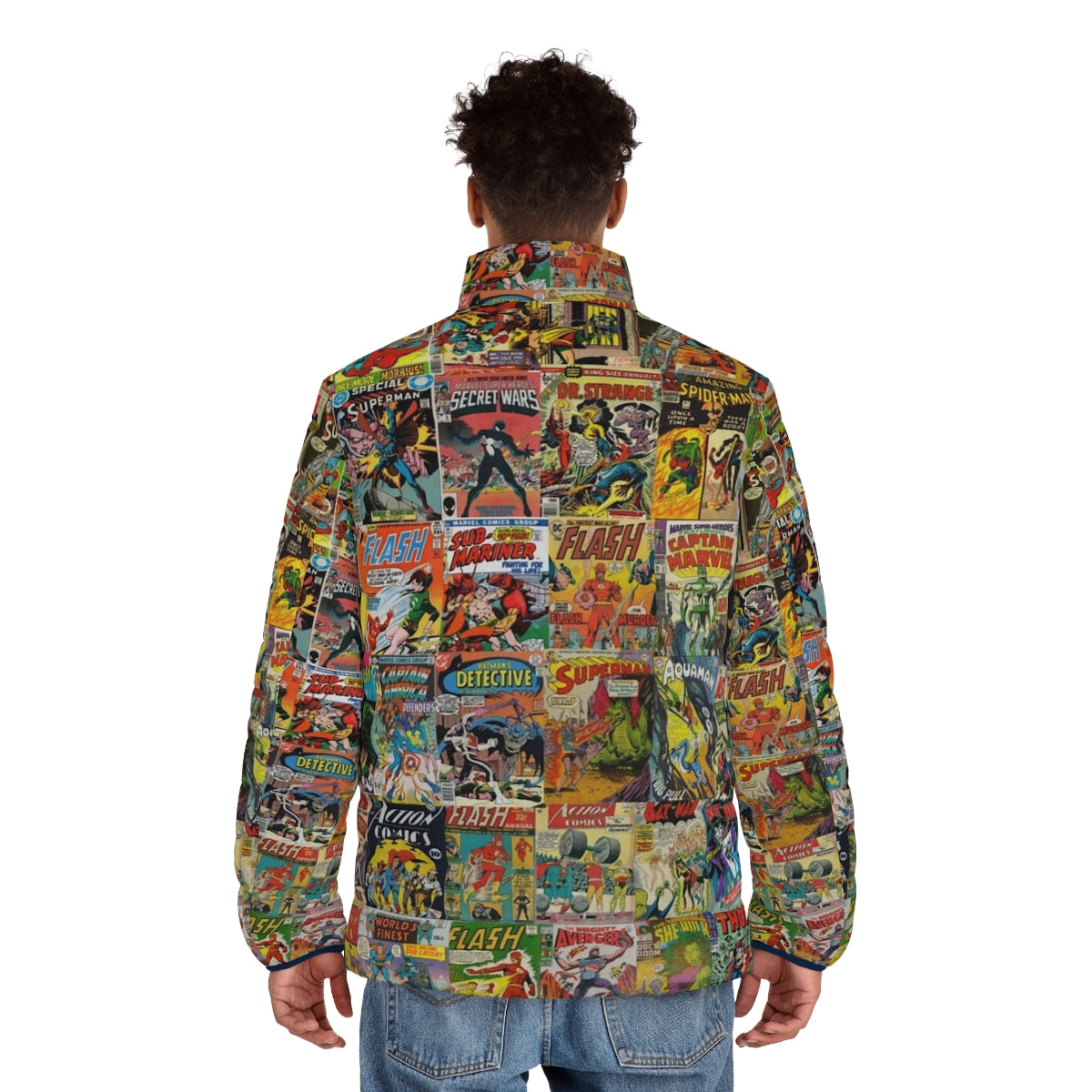 Vintage comic book pattern puffer jacket with colorful superhero graphics - men back