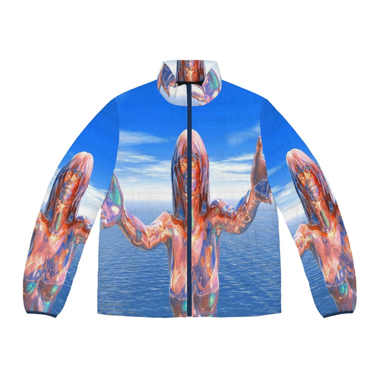 Zombie-themed puffer jacket with abstract, colorful patterns