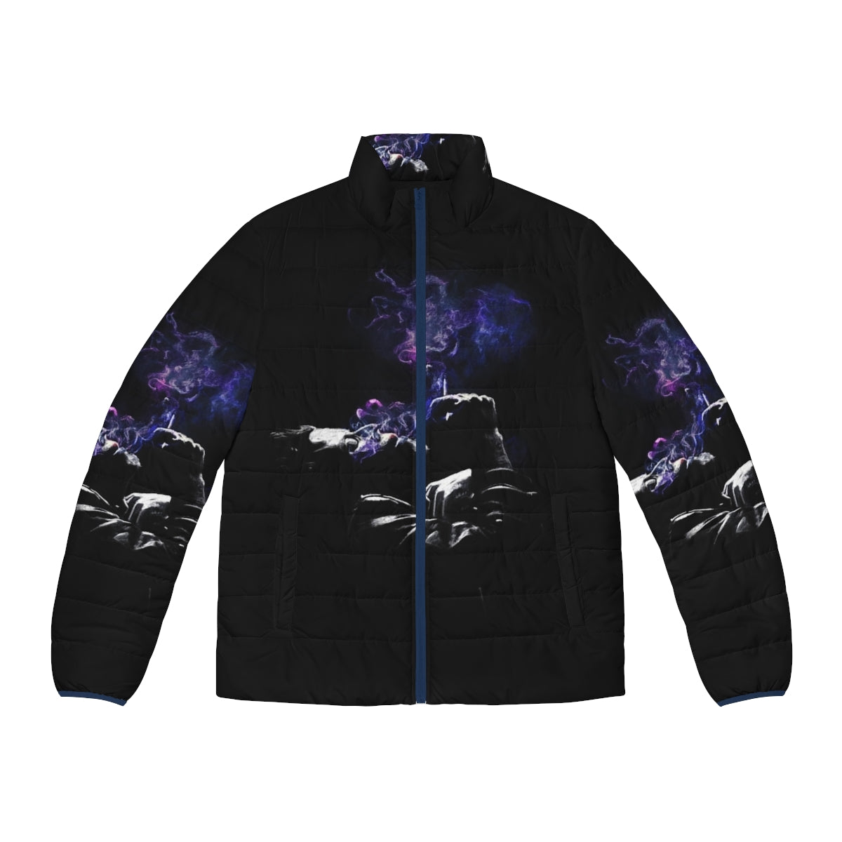 Photorealistic image of a Tom Waits-inspired puffer jacket with a smoking nebula design