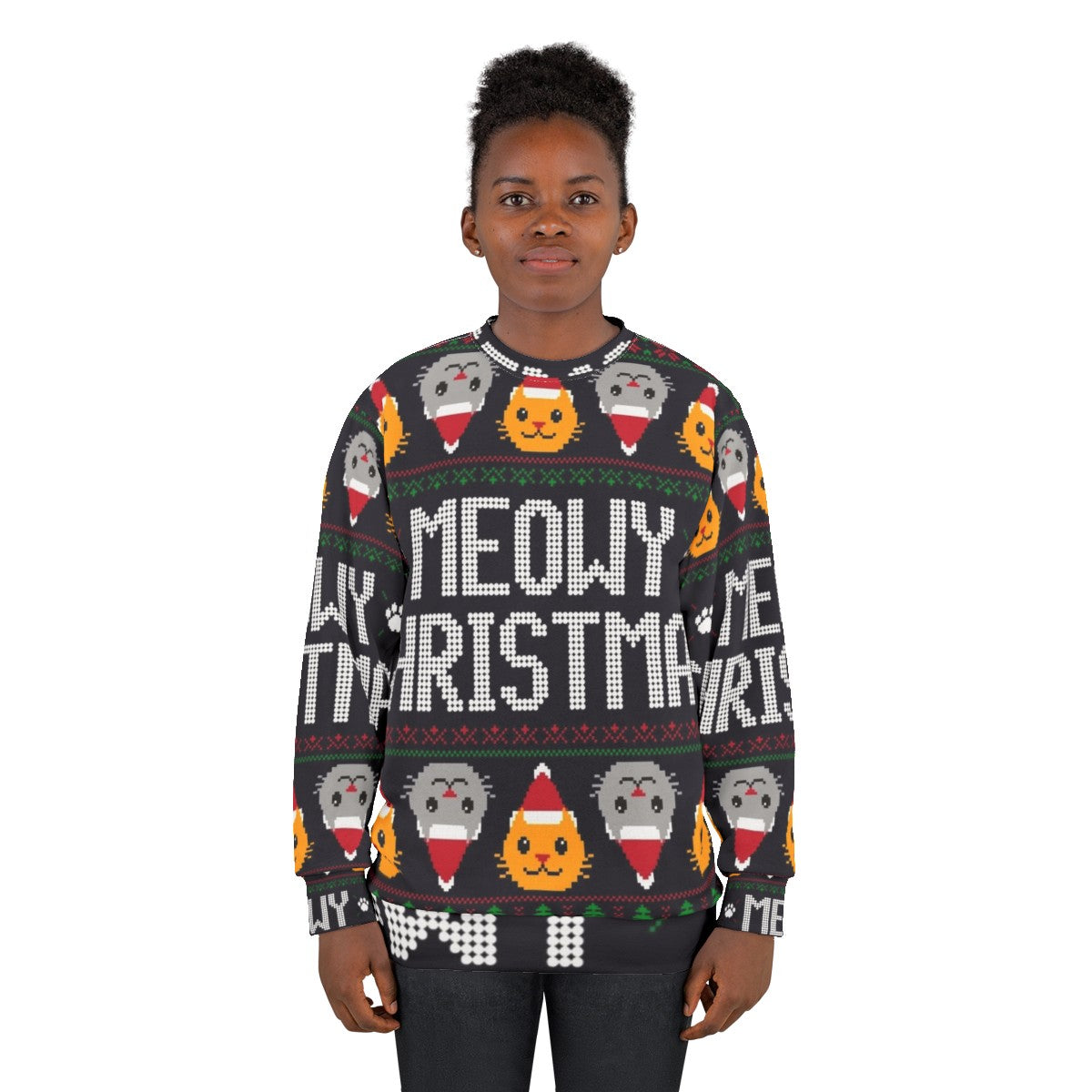 Ugly Christmas sweater cat wearing a festive cat sweatshirt - women