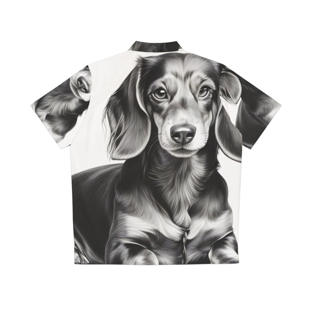 Dachshund dog wearing a Hawaiian shirt with a tropical print - Back