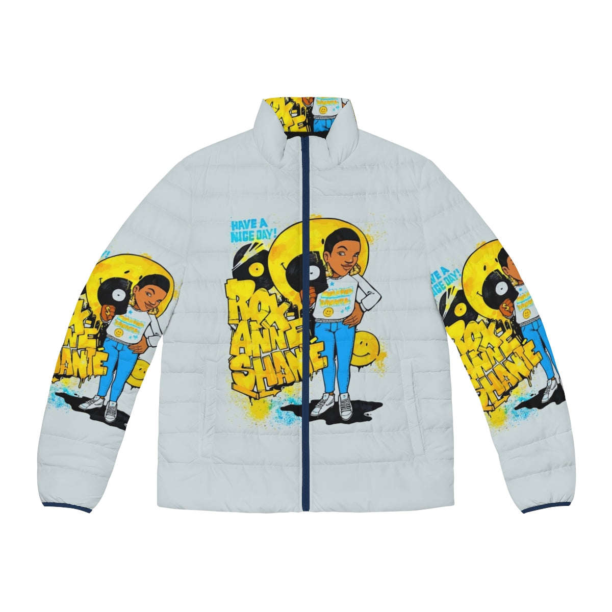 Roxanne Shante "Have A Nice Day" puffer jacket featuring a variety of music and subculture influences