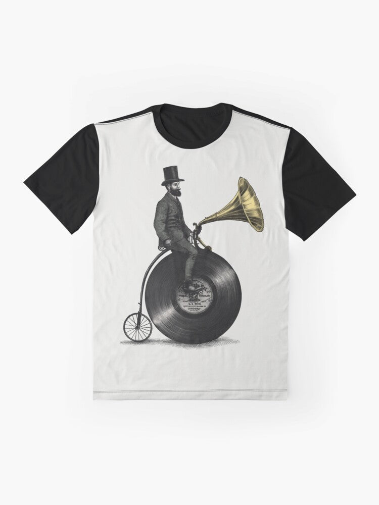 Vintage-inspired graphic t-shirt with music and cycling motifs, featuring a man with a top hat, beard, and moustache riding a penny farthing bicycle. - Flat lay