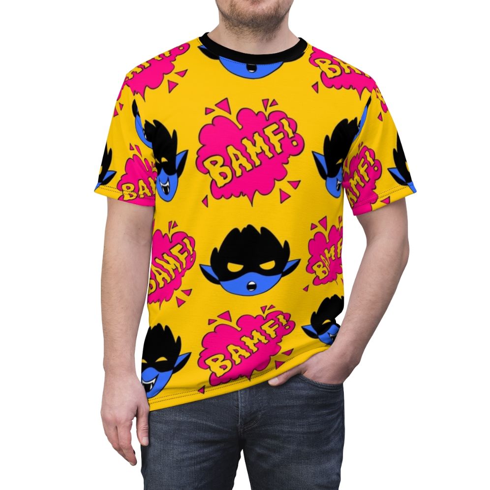 T-shirt featuring a pattern of Nightcrawler's iconic "bamf" teleportation effect - men front