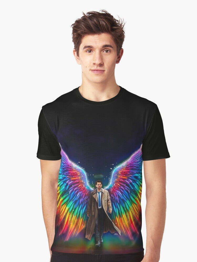 Castiel from Supernatural TV show graphic t-shirt with rainbow pride colors - Men