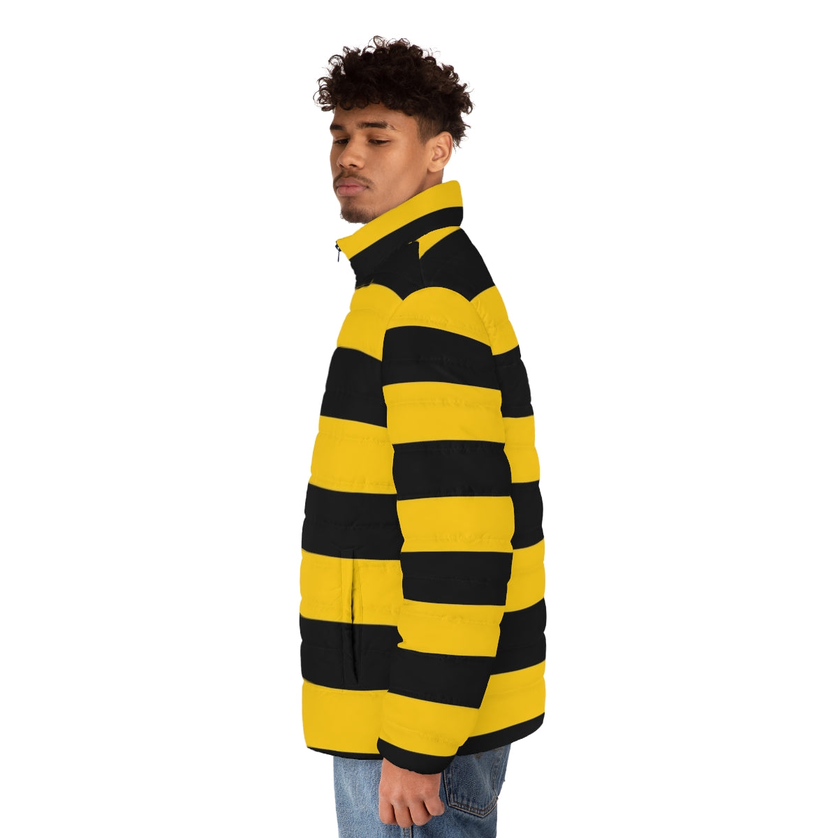 Puffer jacket with a vibrant bee pattern in black and yellow stripes - men side left