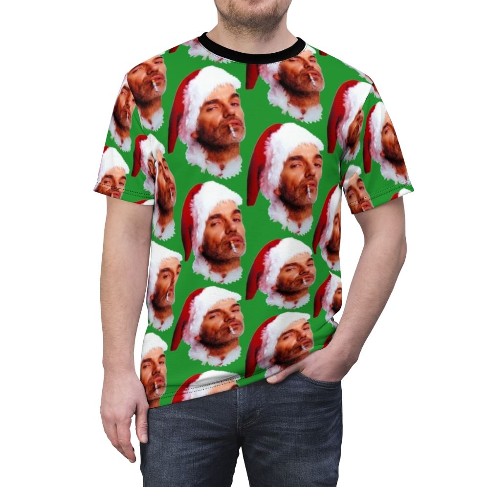 Graphic t-shirt featuring a bad Santa character smoking a cigarette, designed for fun holiday parties and celebrations. - men front