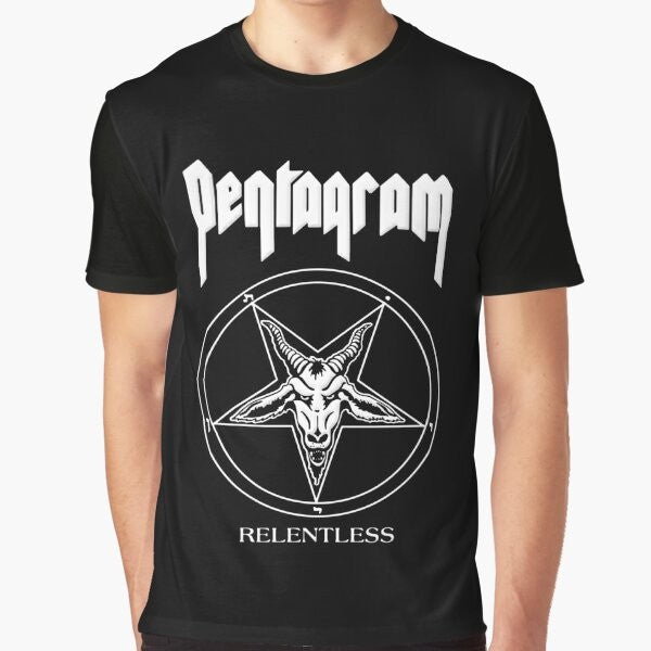 Pentagram "Relentless" graphic t-shirt featuring the iconic pentagram logo and band name, perfect for heavy metal and doom metal fans.