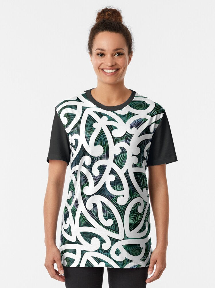 Maori Paua Graphic T-Shirt featuring a vibrant Polynesian native design - Women