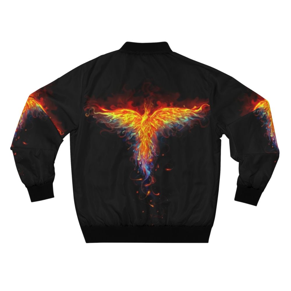 A bomber jacket with a phoenix design, featuring a mythical bird on fire against a backdrop of flames and fantasy elements. - Back