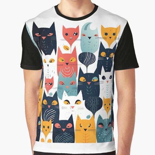 Graphic t-shirt with a repeating pattern of cats on a white background