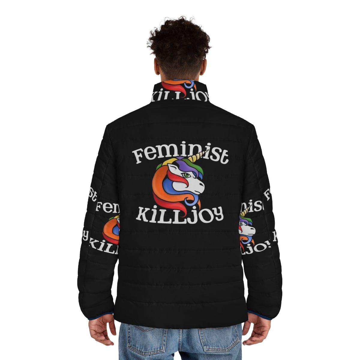 Feminist Killjoy Unicorn Rainbow Puffer Jacket 2 - men back