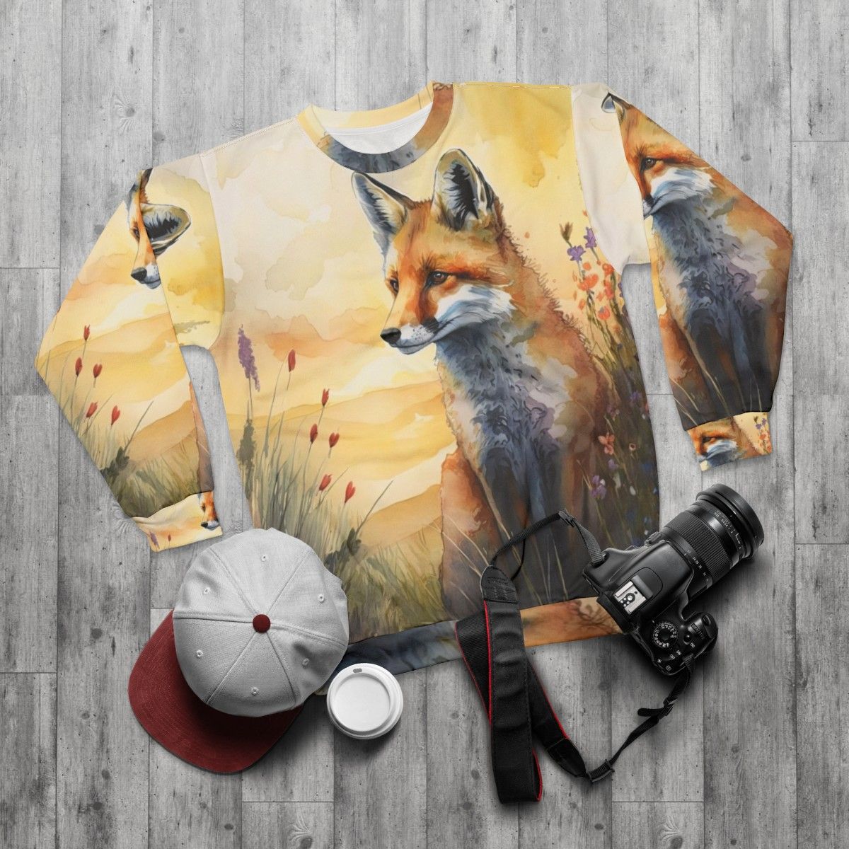 Charming red fox sweatshirt featuring a watercolor illustration of a red fox cub in a spring woodland setting - flat lay