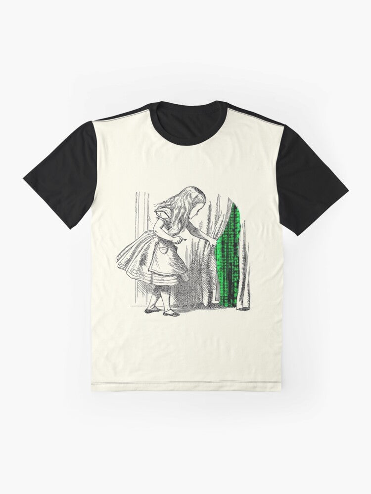 "Follow the White Rabbit" graphic t-shirt with Alice in Wonderland and Matrix inspired design - Flat lay