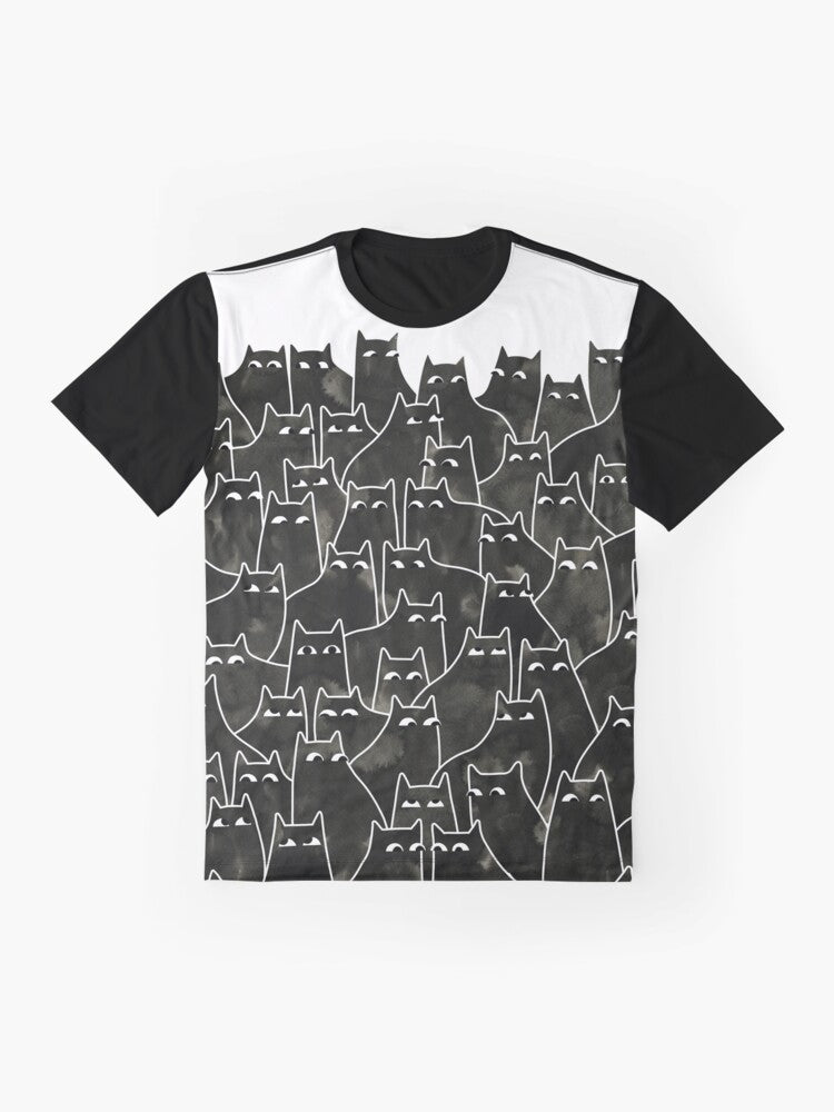 Suspicious cats graphic t-shirt with a black cat pattern in watercolor and ink style - Flat lay