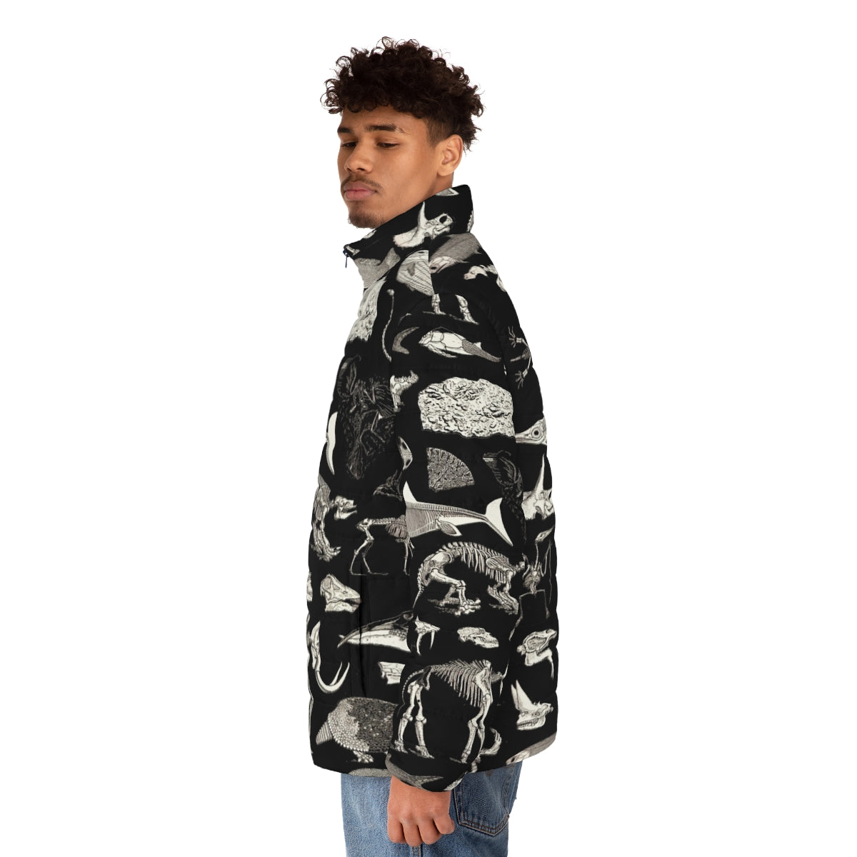 Paleontology puffer jacket featuring fossil illustrations - men side left