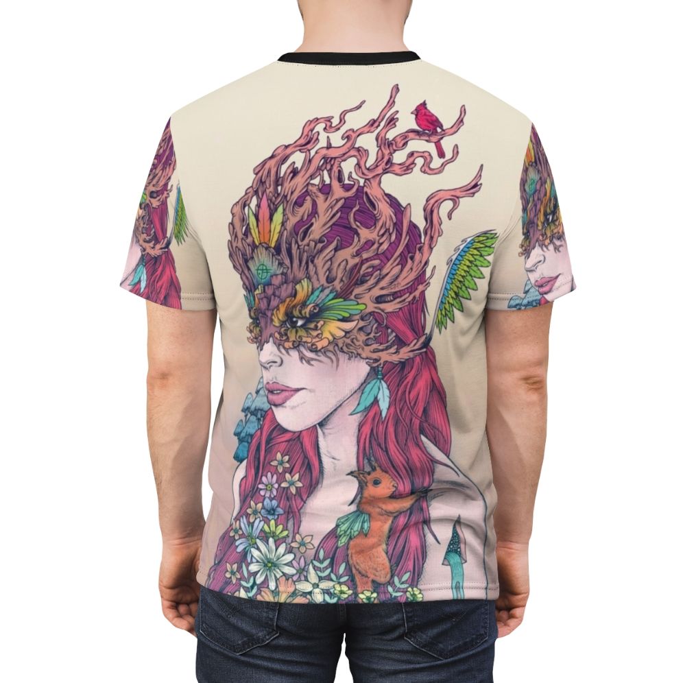 Whimsical t-shirt design featuring psychedelic art with fantasy nature elements, including a woman with red hair, animals like a cardinal and squirrel, and vibrant floral patterns. - men back