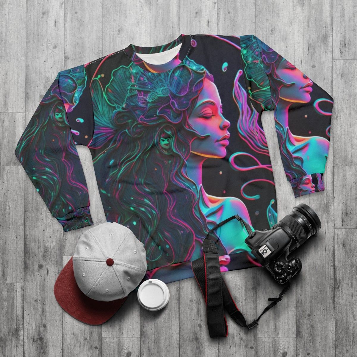 Mythical sea creature sweatshirt with fantasy design - flat lay