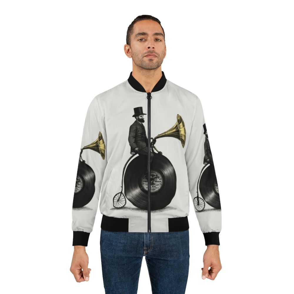 Vintage music-themed bomber jacket with retro bicycle and surreal illustration design - Lifestyle