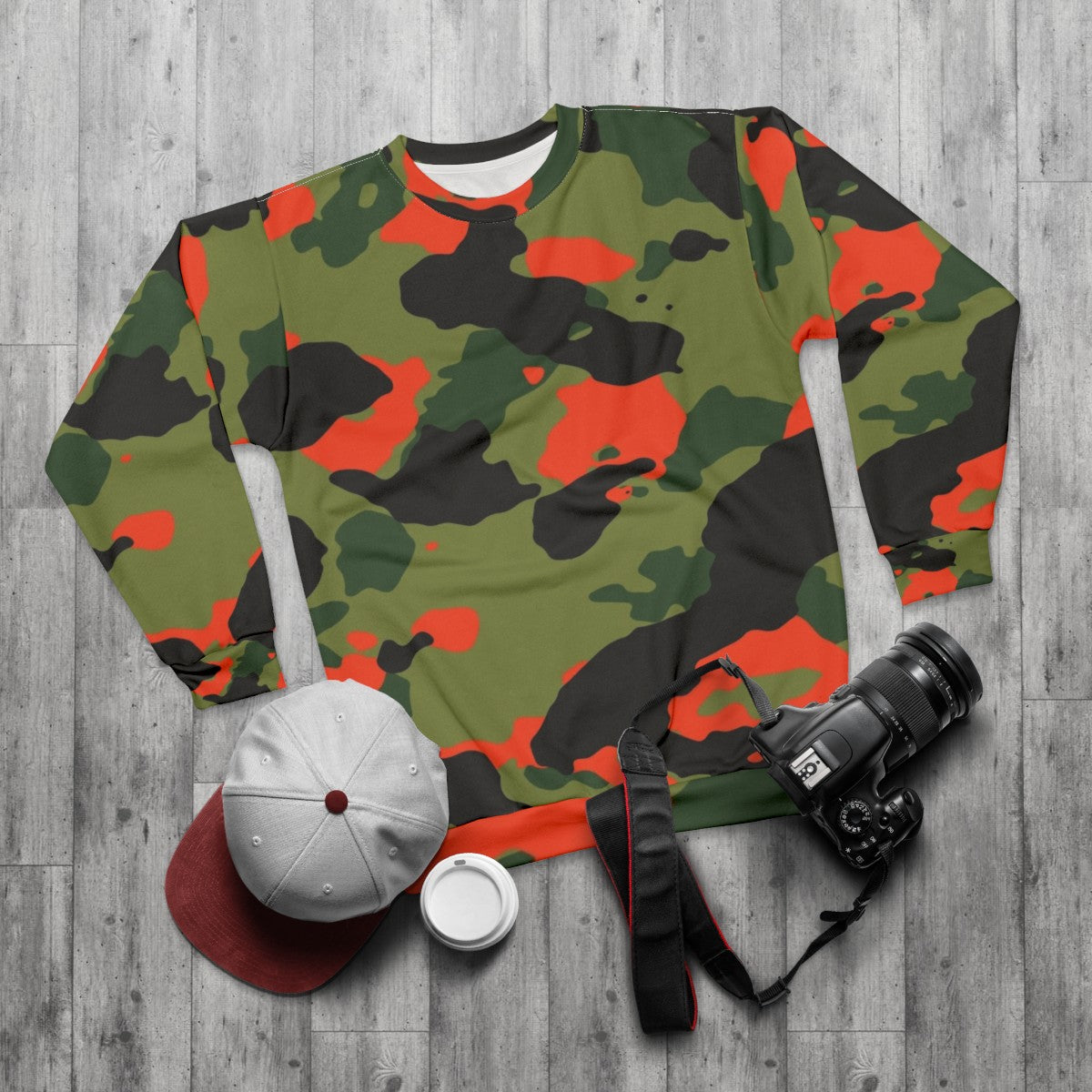 Orange and Green Camouflage Sweatshirt - flat lay