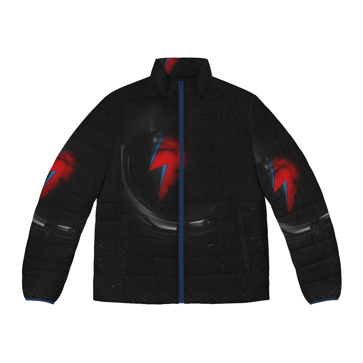 A sleek, black puffer jacket featuring a space-inspired design with stars, planets, and a cosmonaut helmet.