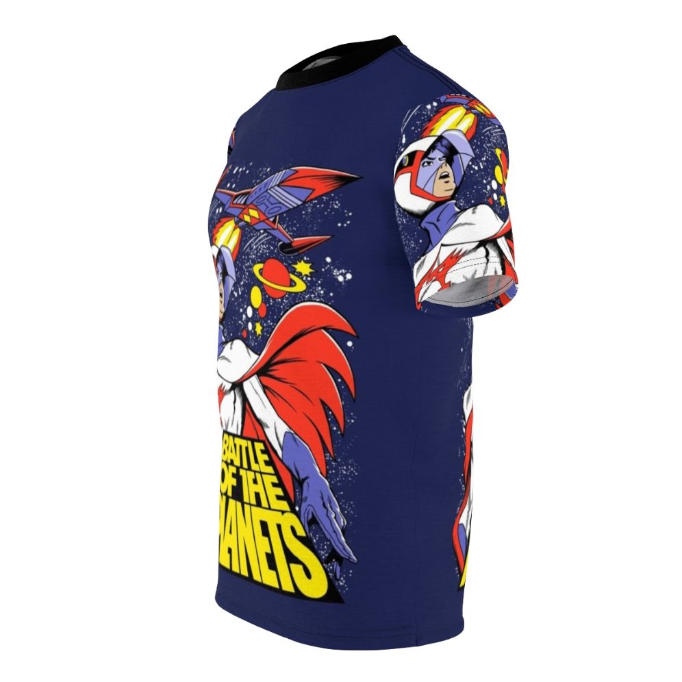 Battle of the Planets inspired custom graphic t-shirt design with colorful sci-fi cartoon illustration - men left