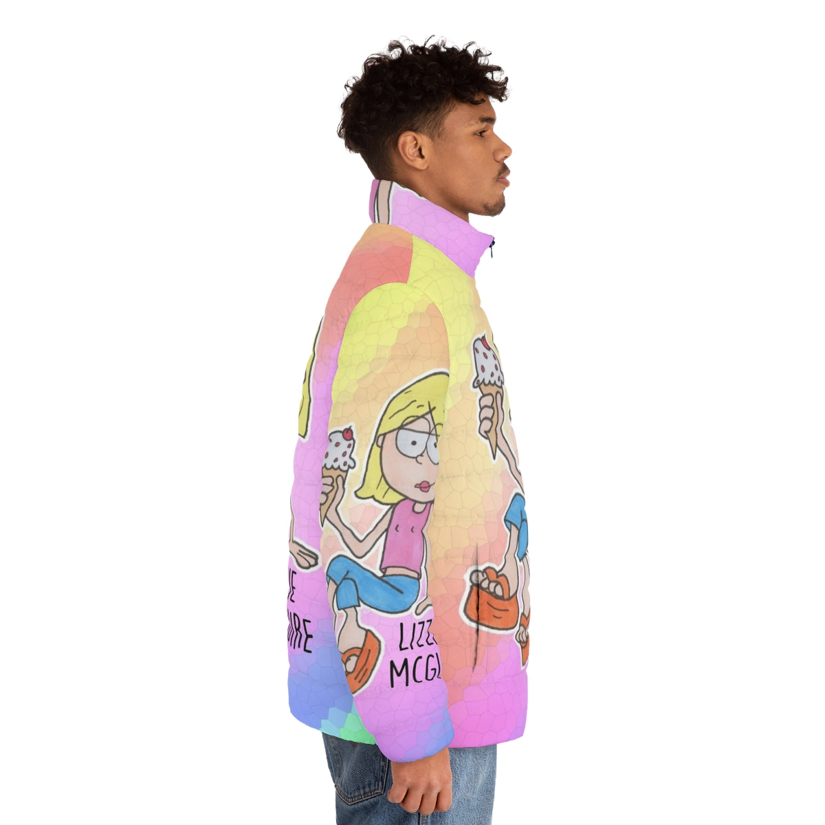 Lizzie McGuire Puffer Jacket with Cartoon Characters - men side right