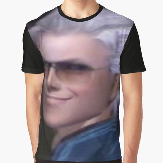 Vergil from the Devil May Cry video game series, wearing a graphic t-shirt