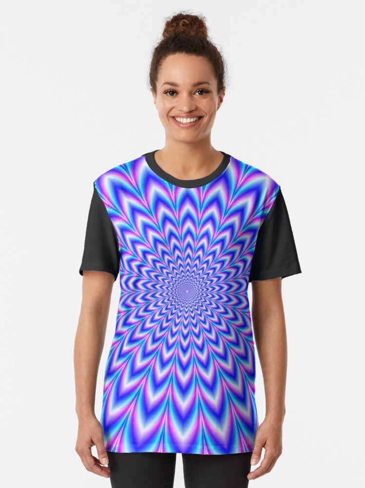 Psychedelic pulse graphic t-shirt featuring a mesmerizing optical illusion design in shades of blue and pink - Women