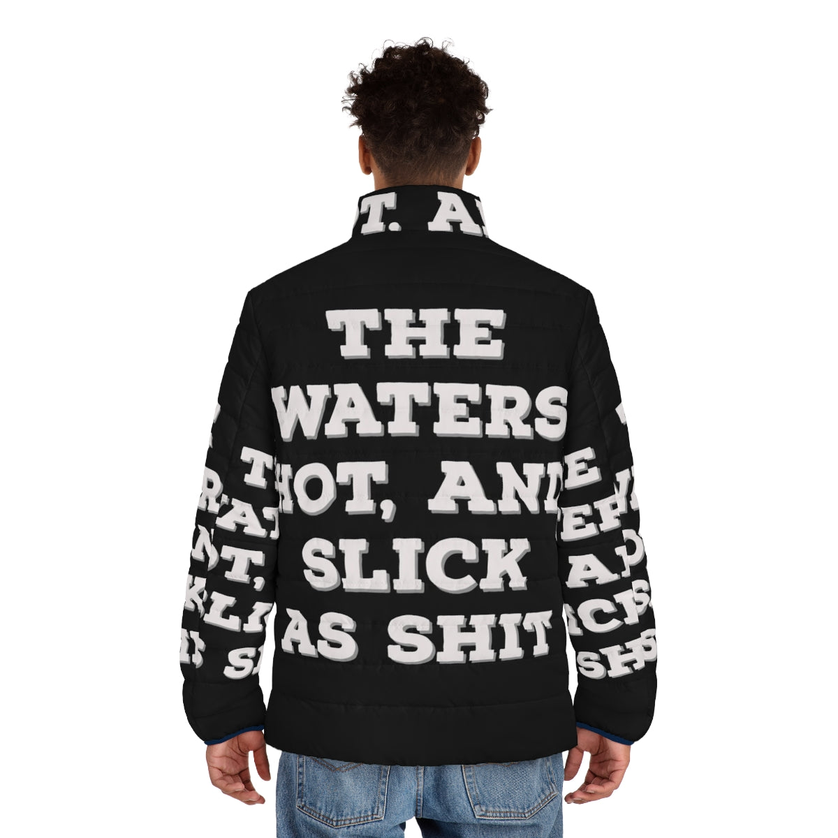 Slick and water-resistant puffer jacket featuring a Big Mouth Netflix quote - men back