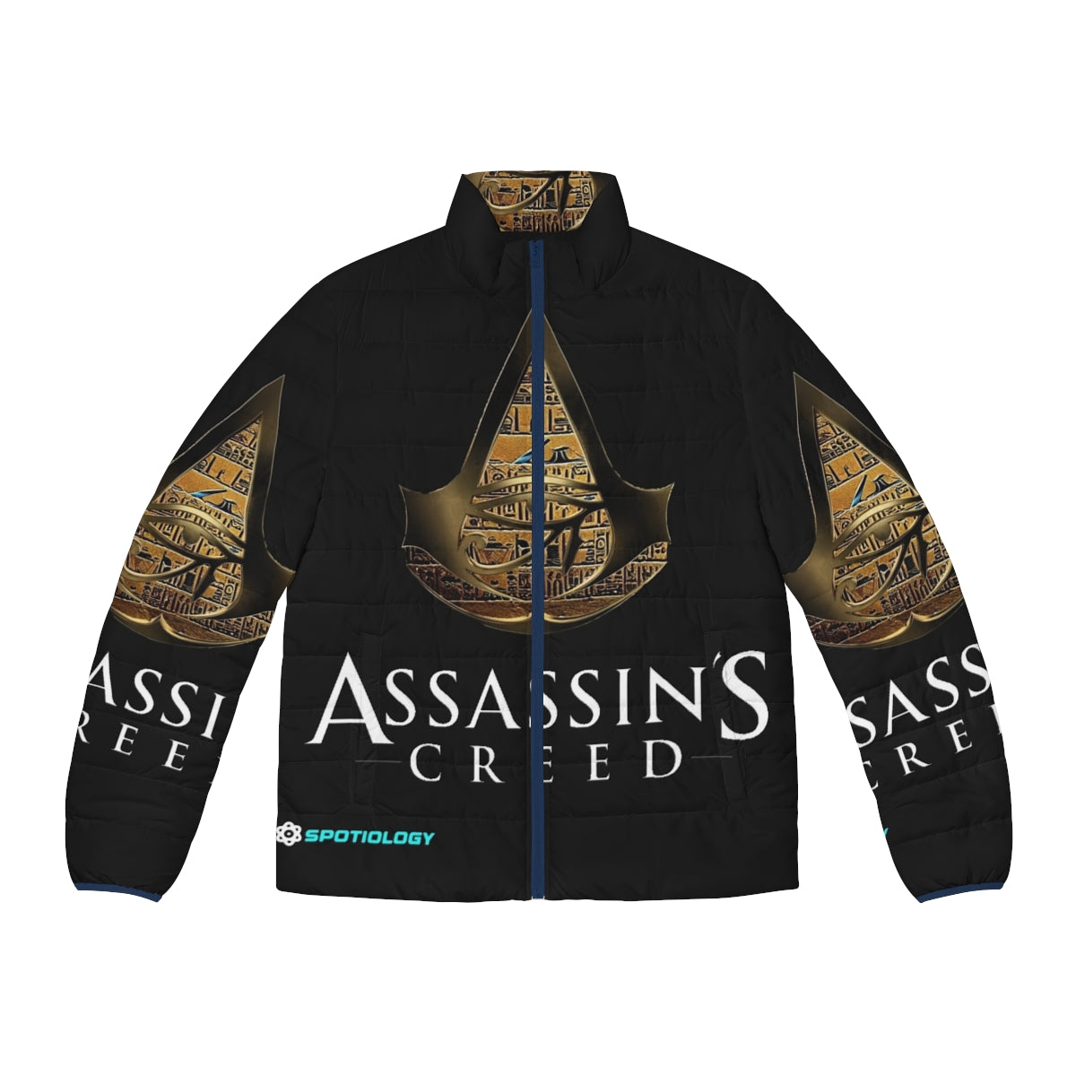 Assassin's Creed inspired puffer jacket with bright colors and historical motifs